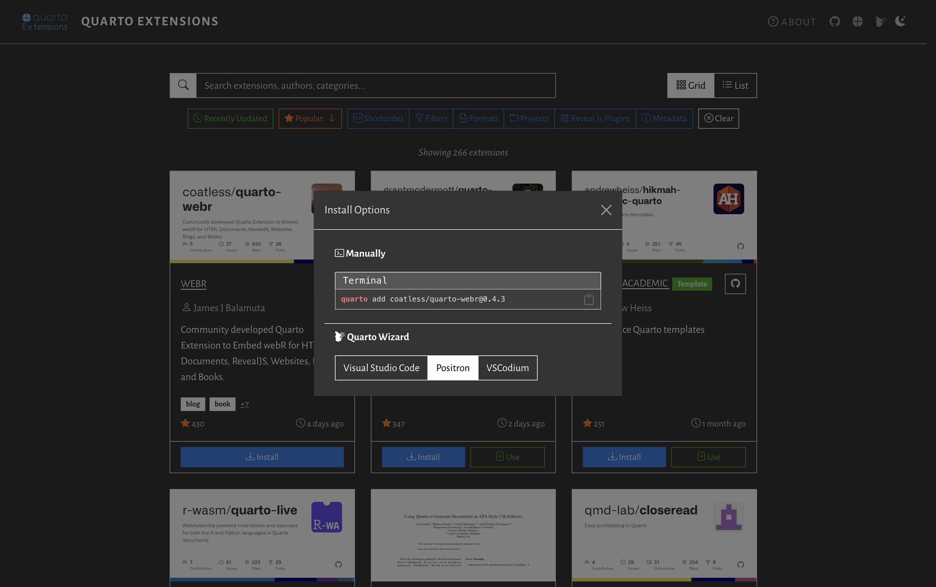 Mickaël CANOUIL's Quarto Extensions install modal Quarto Extensions website with Install Options popup showing manual terminal command and Quarto Wizard installation options for Visual Studio Code, Positron, and VSCodium.