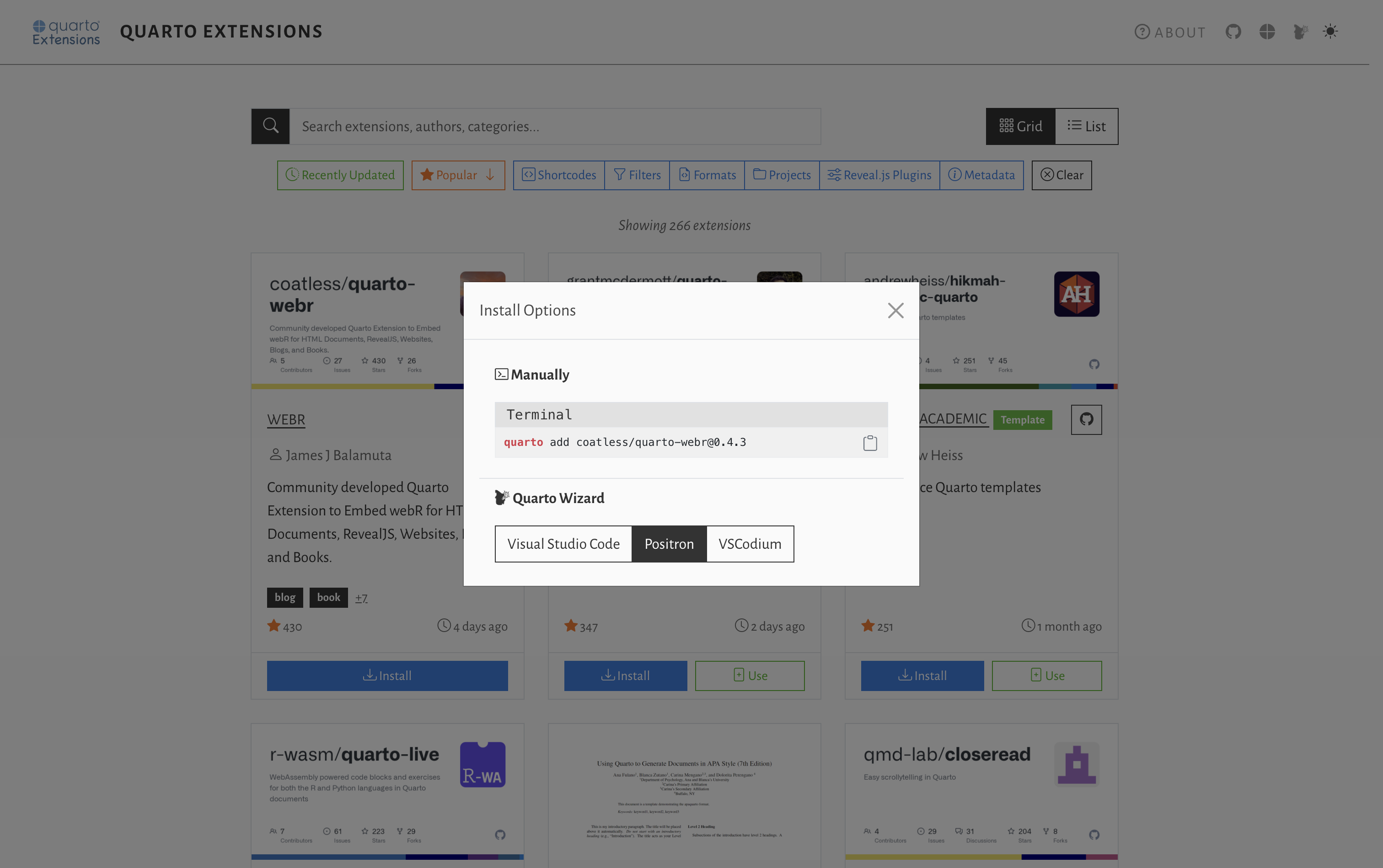 Mickaël CANOUIL's Quarto Extensions install modal Quarto Extensions website with Install Options popup showing manual terminal command and Quarto Wizard installation options for Visual Studio Code, Positron, and VSCodium.