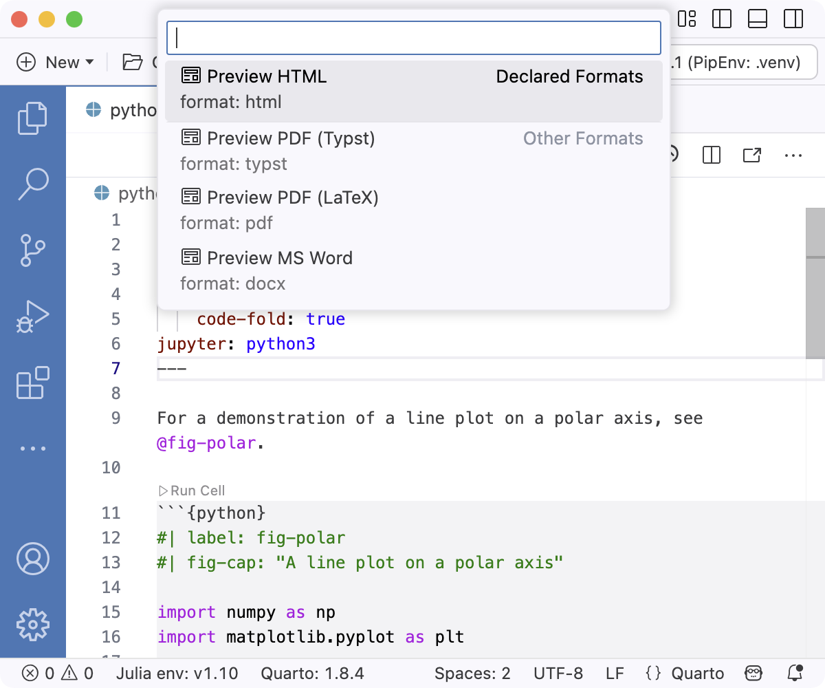 The top of the Positron editor. The command pallette shows a quick pick list of available formats to preview.